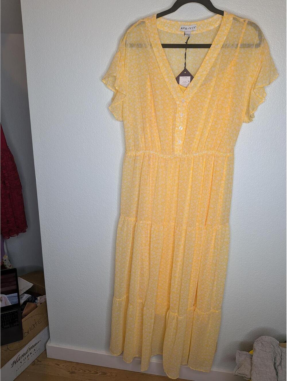 Ava & Viv Yellow Floral Tiered Maxi Dress Women’s X (14W) Plus Size NWT